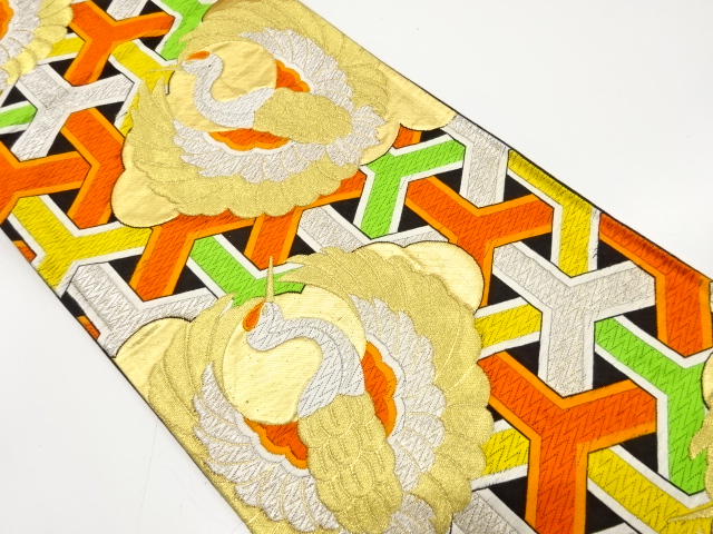 アンティーク　鶴に雲・網目模様織り出し袋帯（着用可）